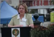  ??  ?? Boyertown Mayor Marianne Deery speaks to guests about the historic significan­ce of the Colebrookd­ale Railroad at Friday’s ceremony.