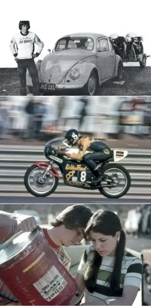  ??  ?? TOP With the battered Beetle at Bathurst in 1976. ABOVE CENTER Ray on his Yamaha TZ350 at Oran Park in 1977.
ABOVE With girlfriend Kathy, who filled many roles in
Ray’s team.