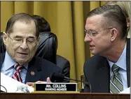  ?? AP/JOSE LUIS MAGANA ?? Jerrold Nadler (left), House Judiciary Committee chairman, and ranking member Rep. Doug Collins confer Thursday before the panel approved a possible subpoena of acting Attorney General Matthew Whitaker.