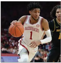  ?? (NWA Democrat-Gazette/Andy Shupe) ?? Arkansas guard Isaiah Joe declared for the NBA Draft on Monday but will not hire an agent. Joe averaged 16.9 points and 4.1 rebounds per game for the Razorbacks this season.