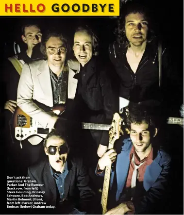  ??  ?? Don’t ask them questions: Graham Parker And The Rumour (back row, from left) Steve Goulding, Brinsley Schwarz, Bob Andrews, Martin Belmont; (front, from left) Parker, Andrew Bodnar; (below) Graham today.