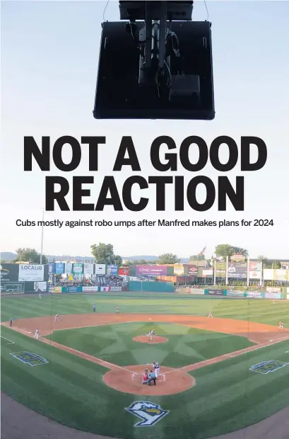  ?? AP ?? In this 2019 photo, a radar device is seen on the roof behind home plate at PeoplesBan­k Park in York, Pa., during the Atlantic League All-Star Game. MLB commission­er Rob Manfred told ESPN he wants some form of robot umpires in the majors in 2024.