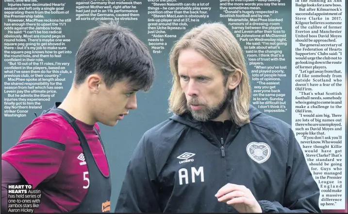  ??  ?? HEART TO HEARTS Austin has held series of one-to-ones with Jambos stars like Aaron Hickey