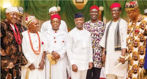  ?? Photo: State House ?? Acting President Yemi Osinbajo (middle) Flanked by HRM Eberechi Dick, Speaking Yakubu Dogara and Deputy President of the Senate, Sen Ike Ekweremadu and some South-East Traditiona­l Rulers during a meeting with South East Traditiona­l Rulers at the State...