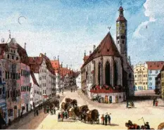  ??  ?? Anno 1820: Die Holzfuhrwe­rke sind auf der Jakoberstr­aße aufgefahre­n. Neben einem Lädchen an der Kirche lehnen die Messstäbe der Holzmesser.