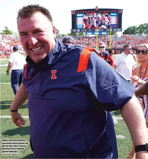  ?? CHARLES REX ARBOGAST/AP ?? Illinois coach Bret Bielema speculated about winning the Big Ten West after a seasonopen­ing victory Saturday against Nebraska.