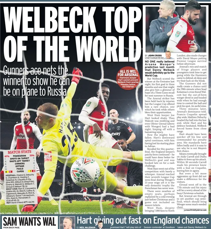  ??  ?? ALL IS WEL FOR ARSENAL Hammers keeper Hart cannot prevent Welbeck from scoring minutes before the interval