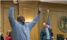  ?? Photograph: Deborah Griffin/AP ?? Dontae Sharpe celebrated after a judge determined he could be set free, in August 2019.