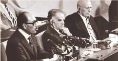  ?? AP ?? Egyptian president Anwar Sadat (left) at the Israeli Knesset in 1977. Sadat’s address to the Knesset was part of his historic three-day visit to occupied Jerusalem, the first by an Arab head of state.