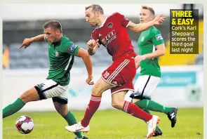  ??  ?? THREE & EASY Cork’s Karl Sheppard scores the third goal last night