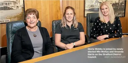  ?? ANDY JACKSON/STUFF ?? Gloria Webby is joined by newly elected Min McKay and Amanda Harris on the Stratford District Council.