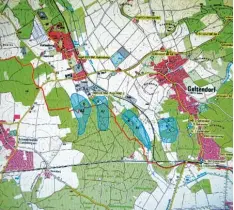  ?? Karte: Ingenieurb­üro für Grundwasse­r und Umweltfrag­en ?? ... die blau dargestell­ten Bereiche kommen für Probebohru­ngen für einen neuen Brunnen infrage.