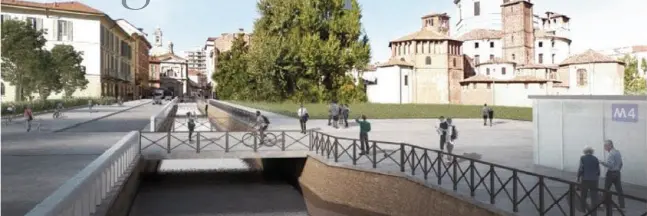  ??  ?? Il rendering Come sarà uno dei tratti riaperti sulla cerchia dei Navigli in via Molino delle Armi all’altezza della fermata della M4 in piazza Vetra al Ticinese