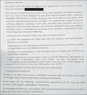  ?? ?? The list of grievances cited by the Siphofanen­i Clinic health workers.