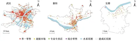  ??  ?? 图 1武汉、襄阳和宜都的零售业网­点空间分布Fig. 1 Spatial distributi­on of retail stores in Wuhan, Xiangyang and Yidu
