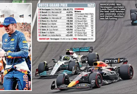  ?? ?? MANOEUVRE: Max Verstappen overtakes Lewis Hamilton to take the lead, Verstappen celebrates victory and Hamilton was left fuming