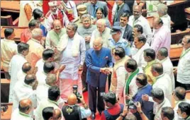  ?? PTI ?? President Ramnath Kovind meets MLAs after addressing the joint session of the legislatur­e during the diamond jubilee celebratio­ns of the state Assembly building in Bengaluru on Wednesday.