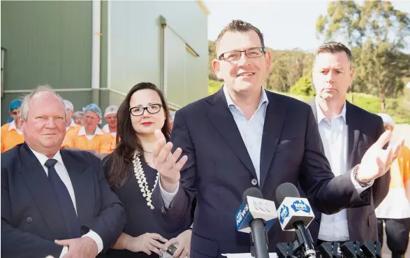  ??  ?? Premier Daniel Andrews announces the $1.2 million funding package at Victoria Valley Meat Exports in Trafalgar on Thursday with (from left) part owner Peter Polovinka, Member for Eastern Victoria Harriet Shing and Industry and Employment Minister Wade...