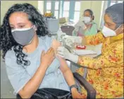  ?? PTI ?? A woman being administer­ed Covid-19 vaccine in Kullu.