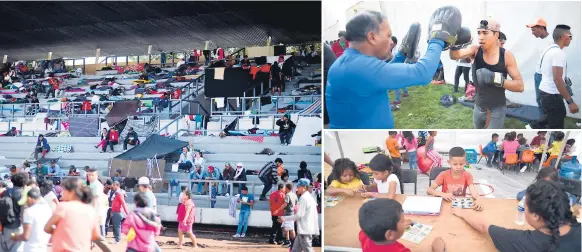  ??  ?? CAPITAL. Unos descansan, otros juegan o practican boxeo. Los migrantes de la caravana continuaro­n ayer su jornada en un recinto deportivo donde son asistidos.