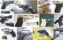  ?? Los Angeles Times-Tribune News Service ?? A sampling of the 66 firearms confiscate­d in one week in 2016 by the Transporta­tion Security Administra­tion at airports across the country. A Los Angeles Times analysis found that most travelers who are caught trying to carry guns onto planes at LAX receive fines and/or probation.