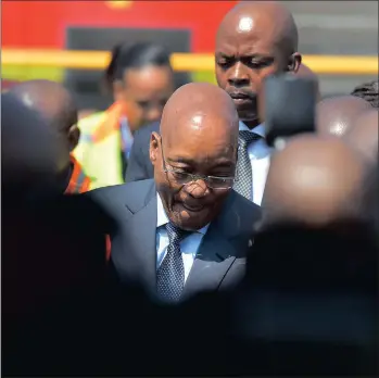  ??  ?? LOCO MOTIVE: President Jacob Zuma arrives at Transnet Engineerin­g Centre in Koedoespoo­rt on April 4 to offically launch the Trans Africa Locomotive.