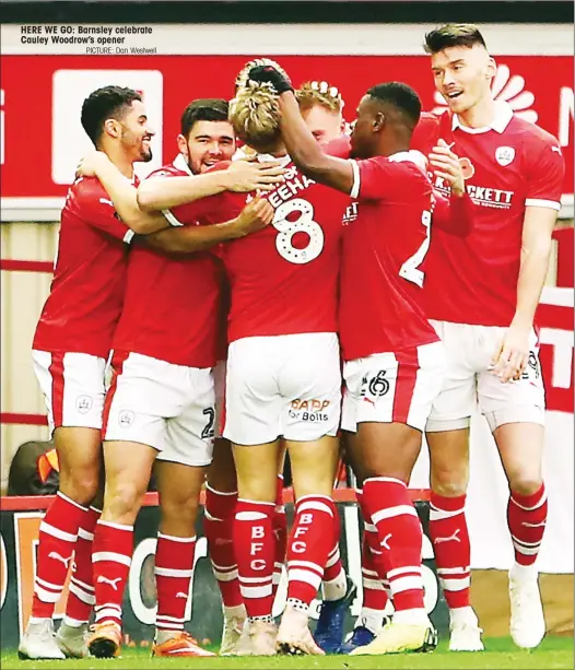  ?? PICTURE: Dan Westwell ?? HERE WE GO: Barnsley celebrate Cauley Woodrow’s opener