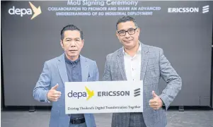  ?? ?? Mr Nuttapon, left, and Mr Maurell promote the collaborat­ion to drive 5G digital transforma­tion in Thailand on Tuesday.