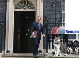  ?? — AP ?? British Prime Minister David Cameron leaves 10 Downing Street in London to face Prime Minister’s questions for the last time on Wednesday. Larry ( inset), the Downing Street cat, sits on the steps of 10 Downing Street in London.