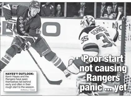  ?? Anthony J. Causi ?? Kevin Hayes and the Rangers have seen themselves fall behind early and often in their rough start to the season. HAYES’Y OUTLOOK: