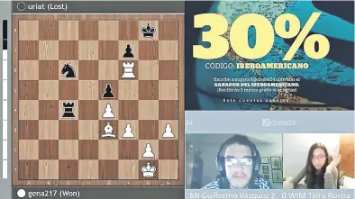  ??  ?? Imágen online del juego del MI paraguayo Guillermo Vázquez y la WIM española Tairu Rovira, juego que quedó en manos de nuestro compatriot­a por 3 a 0.