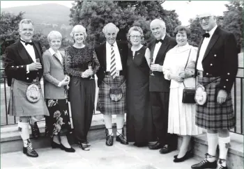  ?? B28twe01 ?? Principal speakers at the Brodick Golf centenary gala dinner were Robbie Glenn, captain Willie Innes, Ernest Bernard and Jim McKelvie, pictured with their wives.