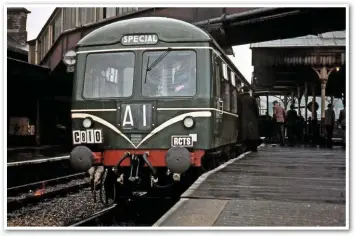  ??  ?? Class 112 DMU prepares to depart Accrington in the rain with an RCTS rail tour on June 8 1958. Starting at Manchester Victoria, it took a complex route via Bury, Accrington, Burnley, Skipton, Otley, Harrogate, Church Fenton, Knottingle­y, Doncaster works, Barnsley, Mirfield and Rochdale.