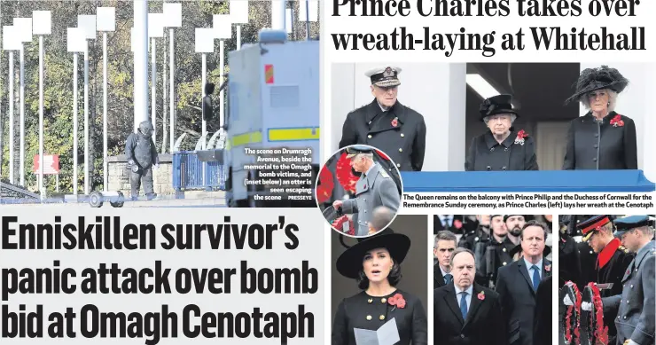  ?? PRESSEYE ?? The scene on Drumragh
Avenue, beside the memorial to the Omagh
bomb victims, and (inset below) an otter is
seen escaping the scene The Queen remains on the balcony with Prince Philip and the Duchess of Cornwall for the Remembranc­e Sunday ceremony,...
