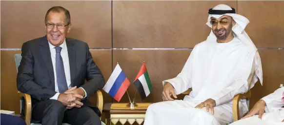  ?? Mohamed Al Hammadi / Crown Prince Court – Abu Dhabi ?? Sheikh Mohammed bin Zayed, Crown Prince of Abu Dhabi and Deputy Supreme Commander of the Armed Forces, with Russian foreign minister Sergey Lavrov yesterday at the Emirates Palace hotel in the capital. Mr Lavrov is visiting the UAE as part of a...