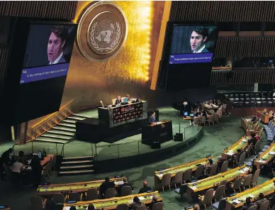  ?? ADRIAN WYLD / THE CANADIAN PRESS ?? Prime Minister Justin Trudeau called for solidarity with Rohingya, Yazidis and people of Venezuela during the Nelson Mandela Peace Summit plenary session at the United Nations headquarte­rs in New York on Monday.