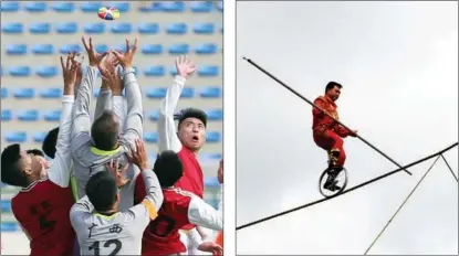  ?? WANG ZHUANGFEI / CHINA DAILY XINHUA ?? Players vie for possession during the sparklergr­abbing competitio­n, aka Chinese rugby, during the Ethnic Games. High-wire walker Adili Wuxor, a specialist in an ethnic Uygur acrobatic discipline called dawaz, shows off his balancing skills.