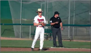  ?? NEWS PHOTO JAMES TUBB ?? Medicine Hat Mavericks catcher/first basemen Andrew Savage stands at the ready during the Mavericks 5-2 loss to the Swift Current 57’s on July 29 at Athletic Park.