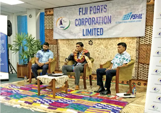  ??  ?? From left: Fiji Ports Terminal chief executive officer Hasthika Dela, Fij Ports Corporatio­n Limited chairman Shaheen Ali and Fiji Ports Corporatio­n Limited chief executive officer Vajira Piyasena during the 2019 FPCL Dividend and Bonus Payout in Suva on November 19, 2020. Photo: