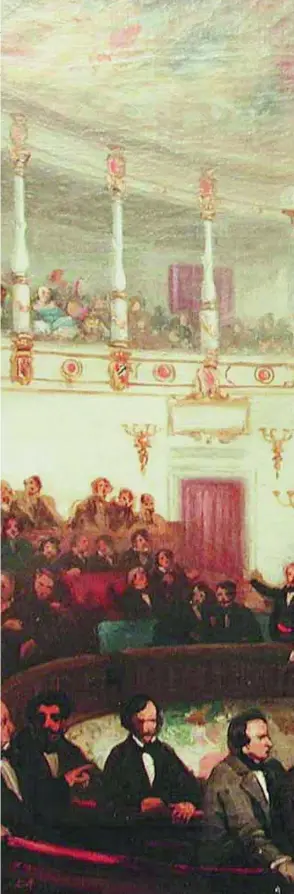  ??  ?? Espartero, en el centro y flanqueado por la bancada progresist­a, en una sesión de 1854 y obra de E. L. Velázquez