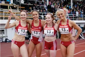  ?? FOTO: MIKAEL FINELL ?? Tampereen Pyrintös guldlag på damernas 4x100 meter fr.v. Reetta Hurske, Maria Huntington, Iina Lehtimäki och Lotta Harala.