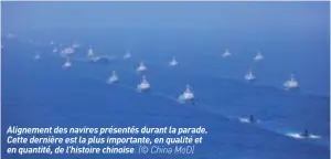  ??  ?? Alignement des navires présentés durant la parade. Cette dernière est la plus importante, en qualité et en quantité, de l’histoire chinoise. (© China MOD)