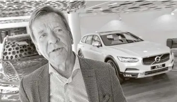  ?? Jonas Ekströmer / TT News Agency / Associated Press ?? Volvo CEO Hakan Samuelsson talks about the move to electric motors at a showroom Wednesday in Stockholm, Sweden. Samuelsson said that all Volvo cars will be all-electric or hybrid within two years.
