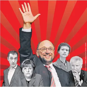  ??  ?? SPD-Kanzlerkan­didat Martin Schulz (M.) überstrahl­t die Konkurrenz (v.l.): Grünen-Chef Cem Özdemir, Kanzlerin Angela Merkel (CDU), Linken-Chefin Sahra Wagenknech­t und CSU-Chef Horst Seehofer.