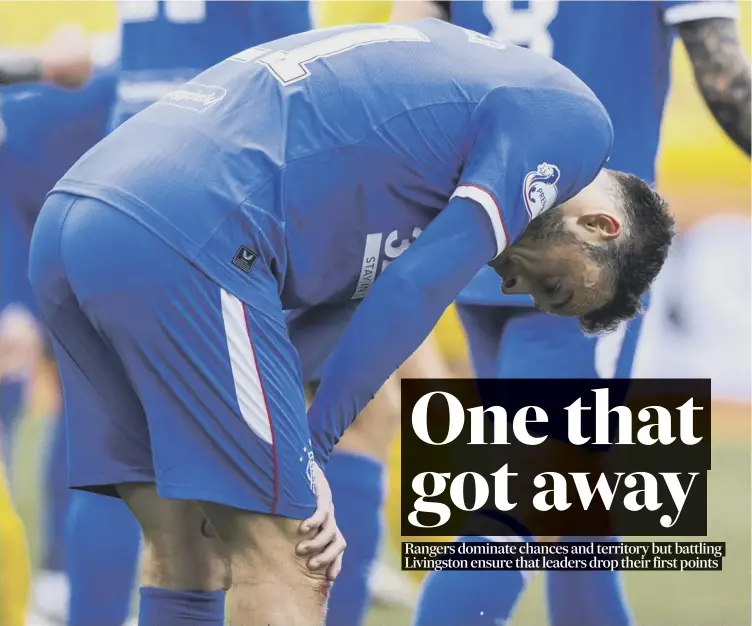  ??  ?? 0 Rangers winger Brandon Barker is left disappoint­ed at the final whistle after the Ibrox side were held to a 0-0 draw by Livingston at the Tony Macaroni Arena yesterday. Match report, pages 2-3