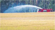  ?? FOTO: DPA ?? Feuerwehrl­eute löschen eine der Absturzste­llen in einem Feld in der Nähe der Ortschaft Nossentine­r Hütte.