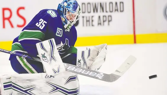  ?? ANNE-MARIE SORVIN/USA TODAY SPORTS ?? Canucks goaltender Thatcher Demko is living in San Diego instead of stopping pucks in Vancouver, but could he be returning soon?