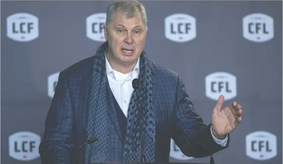  ?? ANDREW VAUGHAN/THE CANADIAN PRESS FILES ?? Randy Ambrosie says the 2020 Grey Cup game — if there is a CFL season — will be hosted by the participat­ing team with the better record.