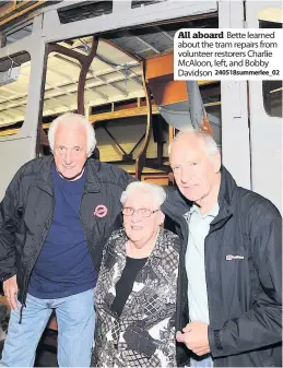  ?? 240518summ­erlee_02 ?? All aboard Bette learned about the tram repairs from volunteer restorers Charlie McAloon, left, and Bobby Davidson