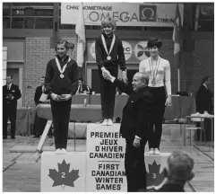  ??  ?? Middle right: Prime Minister Lester Pearson congratula­tes medal winners of women’s gymnastics at the first Canada Winter Games at Quebec City, 1967.